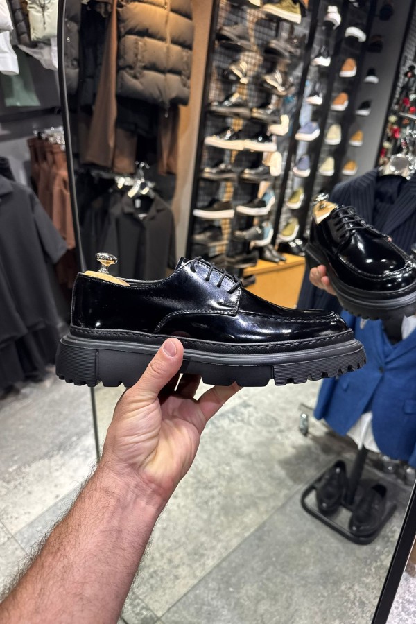 OLD- 5060 SİYAH DERİ PARLAK BAĞCIKLI  Detaylı Erkek Ayakkabı