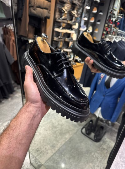 OLD- 5050  SİYAH DERİ PARLAK BAĞCIKLI  Detaylı Erkek Ayakkabı