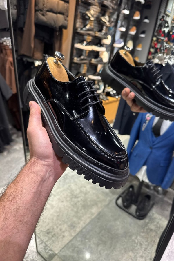 OLD- 5050  SİYAH DERİ PARLAK BAĞCIKLI  Detaylı Erkek Ayakkabı