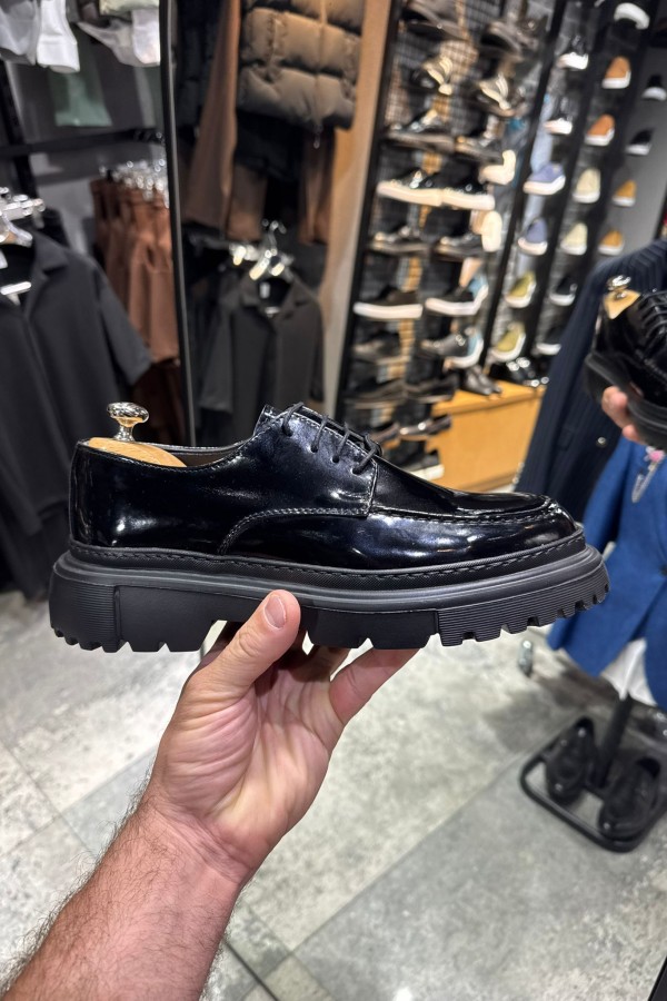 OLD- 5060 SİYAH DERİ PARLAK BAĞCIKLI  Detaylı Erkek Ayakkabı