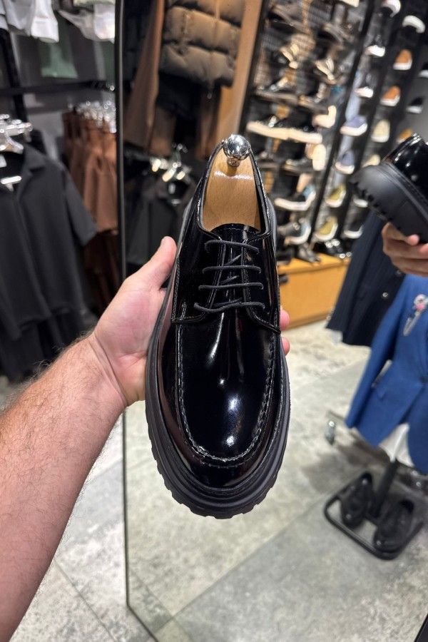 OLD- 5060 SİYAH DERİ PARLAK BAĞCIKLI  Detaylı Erkek Ayakkabı