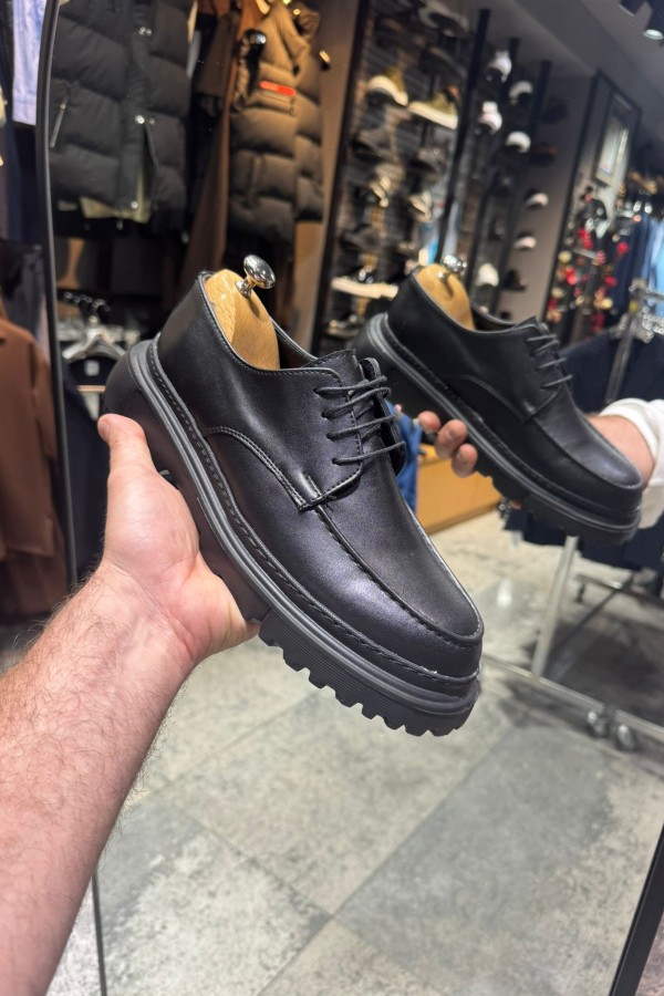 OLD- 5051  SİYAH DERİ BAĞCIKLI  Detaylı Erkek Ayakkabı