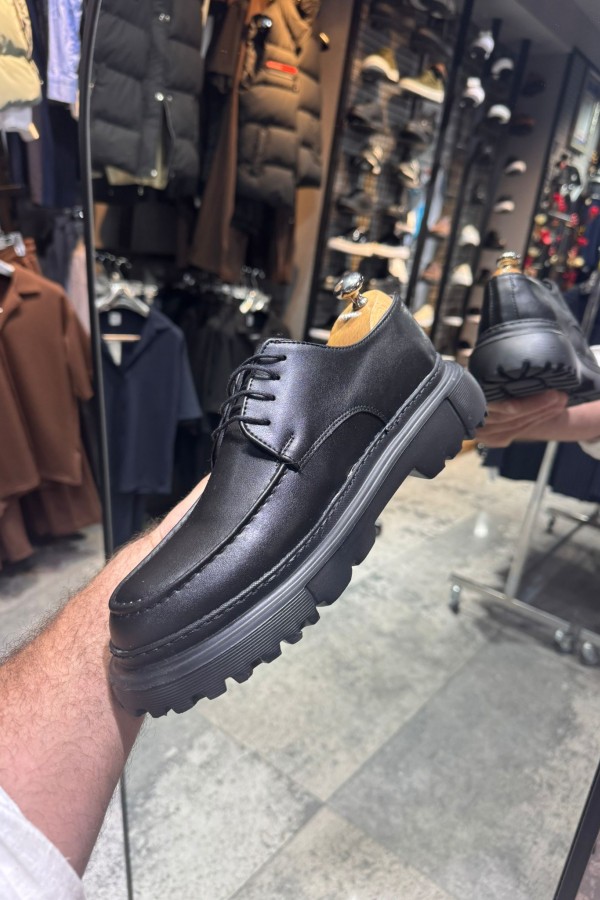 OLD- 5051  SİYAH DERİ BAĞCIKLI  Detaylı Erkek Ayakkabı