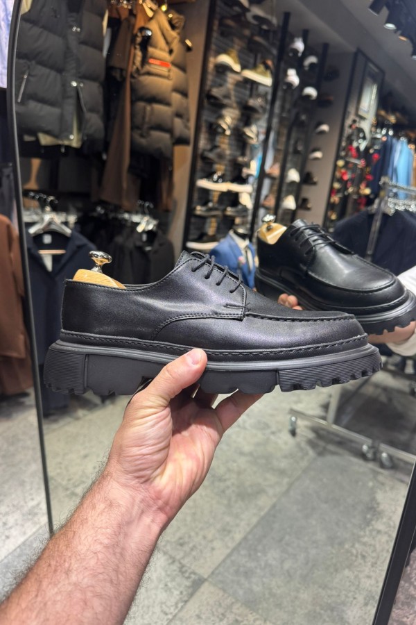 OLD- 5051  SİYAH DERİ BAĞCIKLI  Detaylı Erkek Ayakkabı