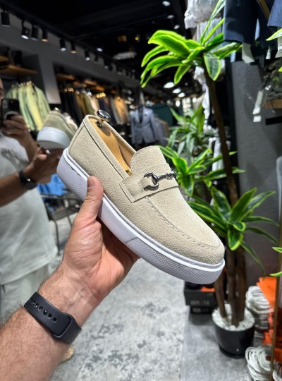 OLD- 5404  SÜET KREM DEMİR TOKA Detaylı Erkek Ayakkabı