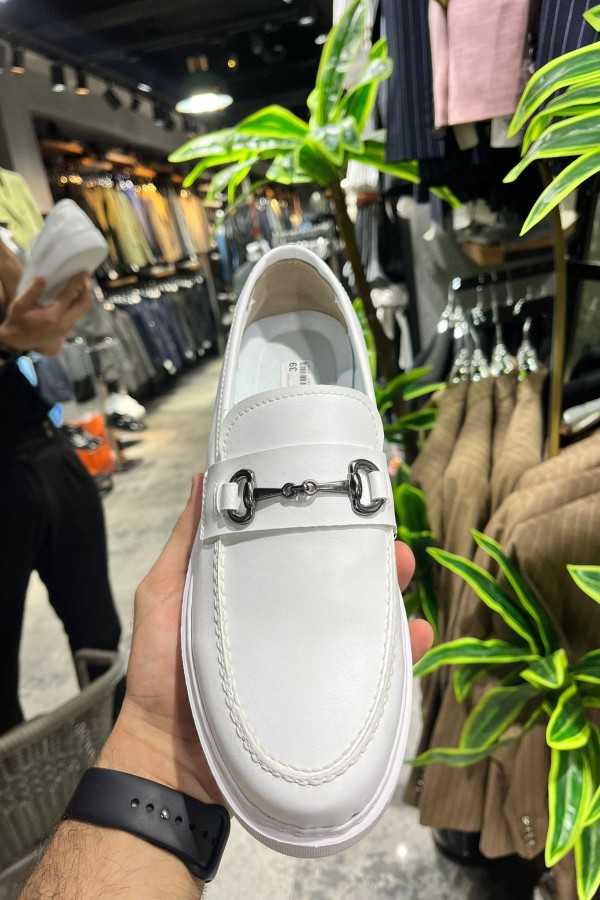 OLD- 5407 DERİ BEYAZ  DEMİR TOKA Detaylı Erkek Ayakkabı