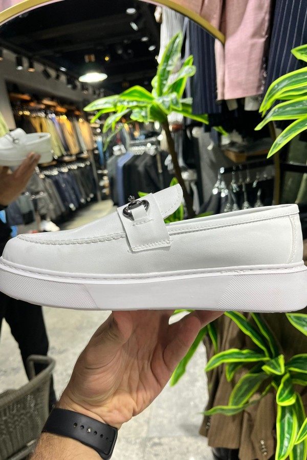 OLD- 5407 DERİ BEYAZ  DEMİR TOKA Detaylı Erkek Ayakkabı