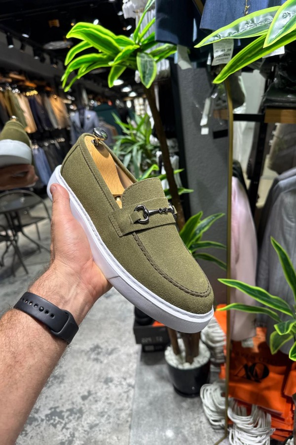 OLD- 5402  SÜET HAKİ YEŞİLİ DEMİR TOKA Detaylı Erkek Ayakkabı