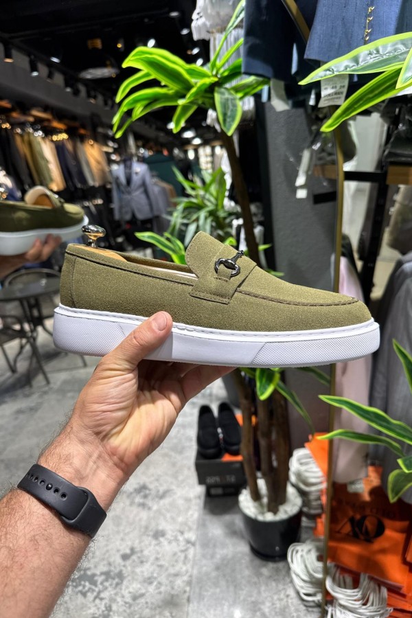 OLD- 5402  SÜET HAKİ YEŞİLİ DEMİR TOKA Detaylı Erkek Ayakkabı