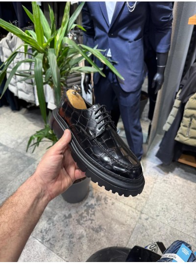 OLD- 5062 SİYAH DERİ BAĞCIKLI  Detaylı Erkek Ayakkabı