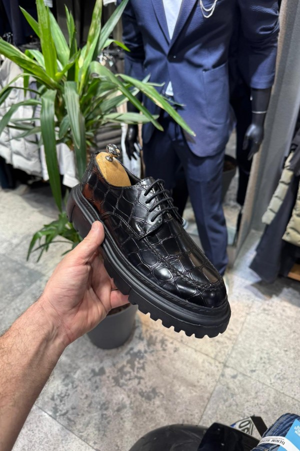 OLD- 5062 SİYAH DERİ BAĞCIKLI  Detaylı Erkek Ayakkabı