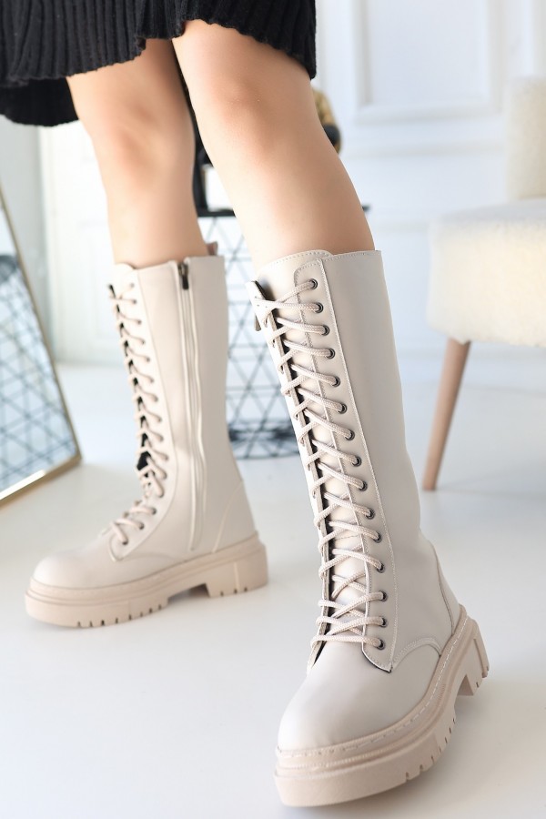 Mennd Bej Cilt Bağcıklı Çizme