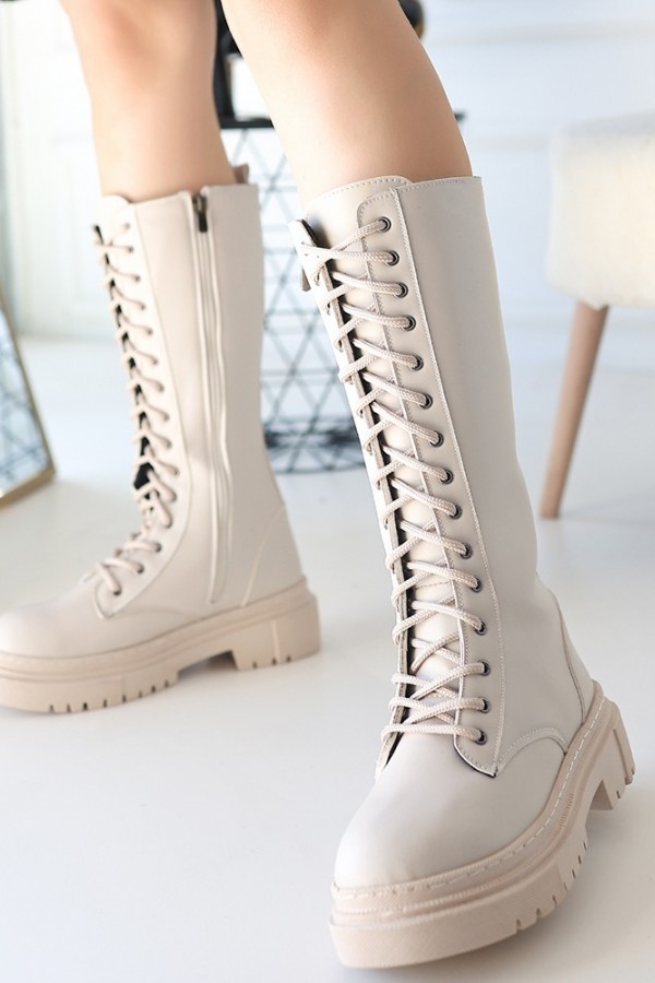 Mennd Bej Cilt Bağcıklı Çizme