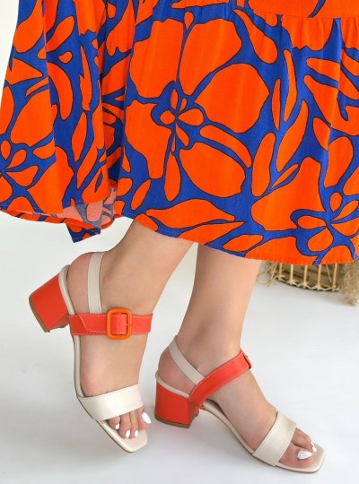 Year Bej Cilt Turuncu Detaylı Turuncu Topuklu Topuklu Ayakkabı