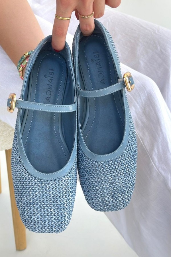 Rives Mavi Cilt Hasır Dokumalı Babet Ayakkabı