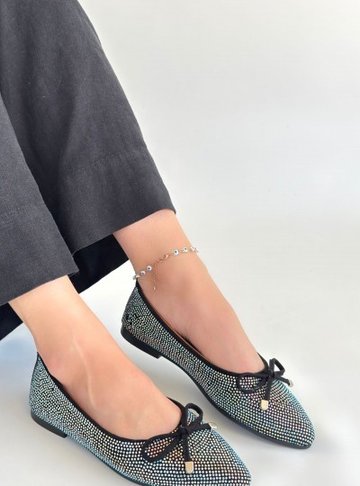 Sarra Siyah Saten İşlemeli Babet Ayakkabı