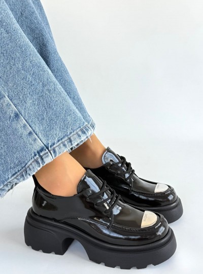 Kiya Siyah Rugan Dolgu Topuk Oxford Ayakkabı