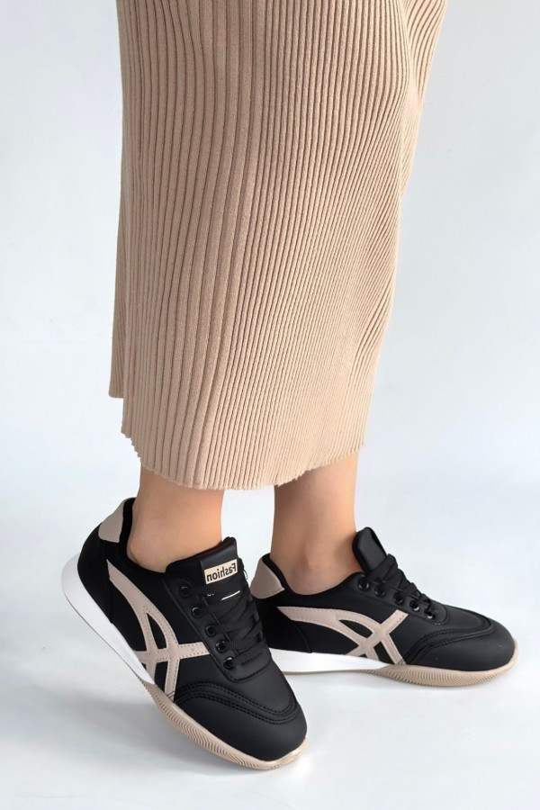 Zlay Siyah Cilt Bej Detaylı Bağcıklı Spor Ayakkabı