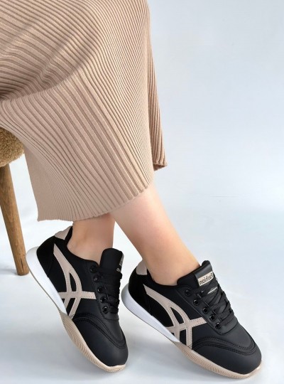 Zlay Siyah Cilt Bej Detaylı Bağcıklı Spor Ayakkabı