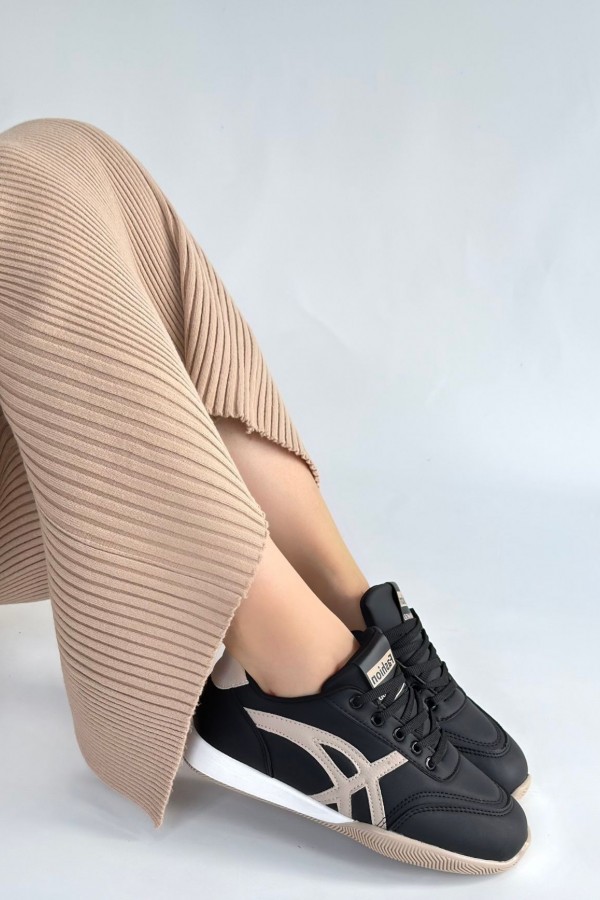 Zlay Siyah Cilt Bej Detaylı Bağcıklı Spor Ayakkabı