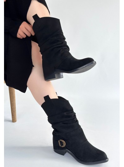 Canty Siyah Süet Körüklü Topuklu Çizme