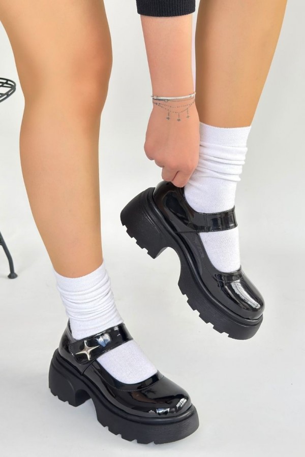 Siyat Siyah Rugan Dolgu Topuk Oxford Ayakkabı