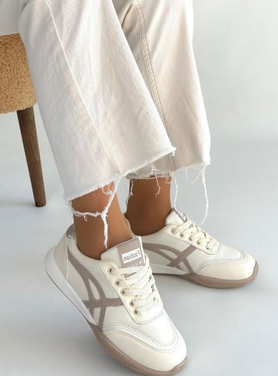 Zlay Bej Cilt Vizon Detaylı Bağcıklı Spor Ayakkabı