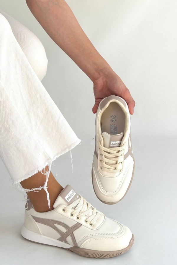 Zlay Bej Cilt Vizon Detaylı Bağcıklı Spor Ayakkabı