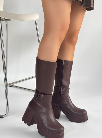 Moki Kahverengi Cilt Topuklu Çizme