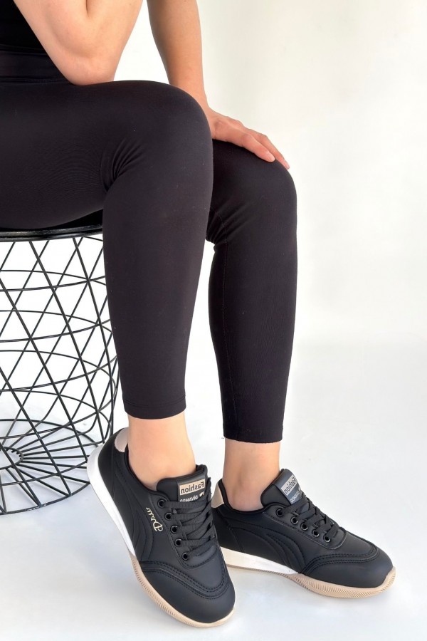 Tawen Siyah Cilt Bej Tabanlı Bağcıklı Spor Ayakkabı